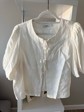 NA-KD Cream Tie-Front Puff Linen Sleeve Blouse